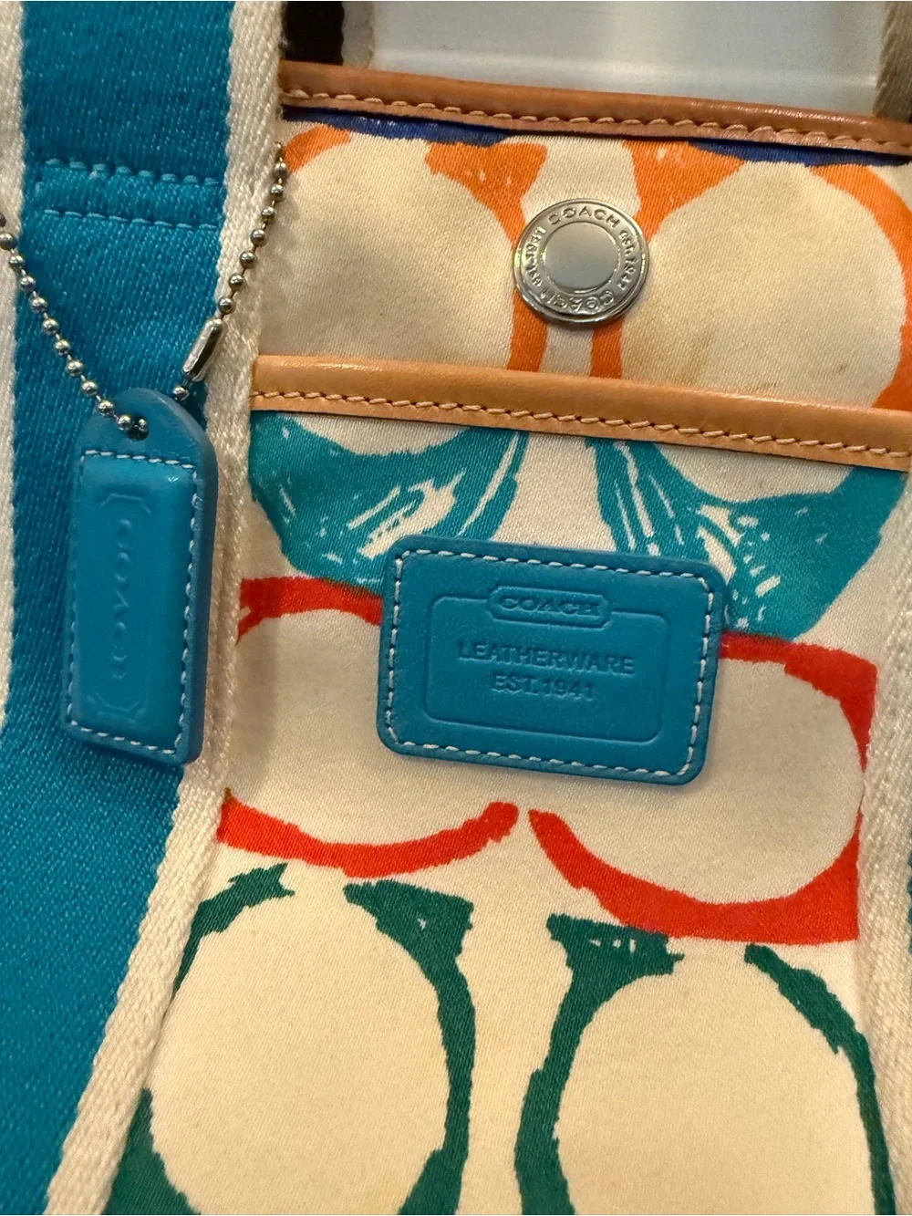 Coach Multicolor Canvas Tote with Teal Straps
